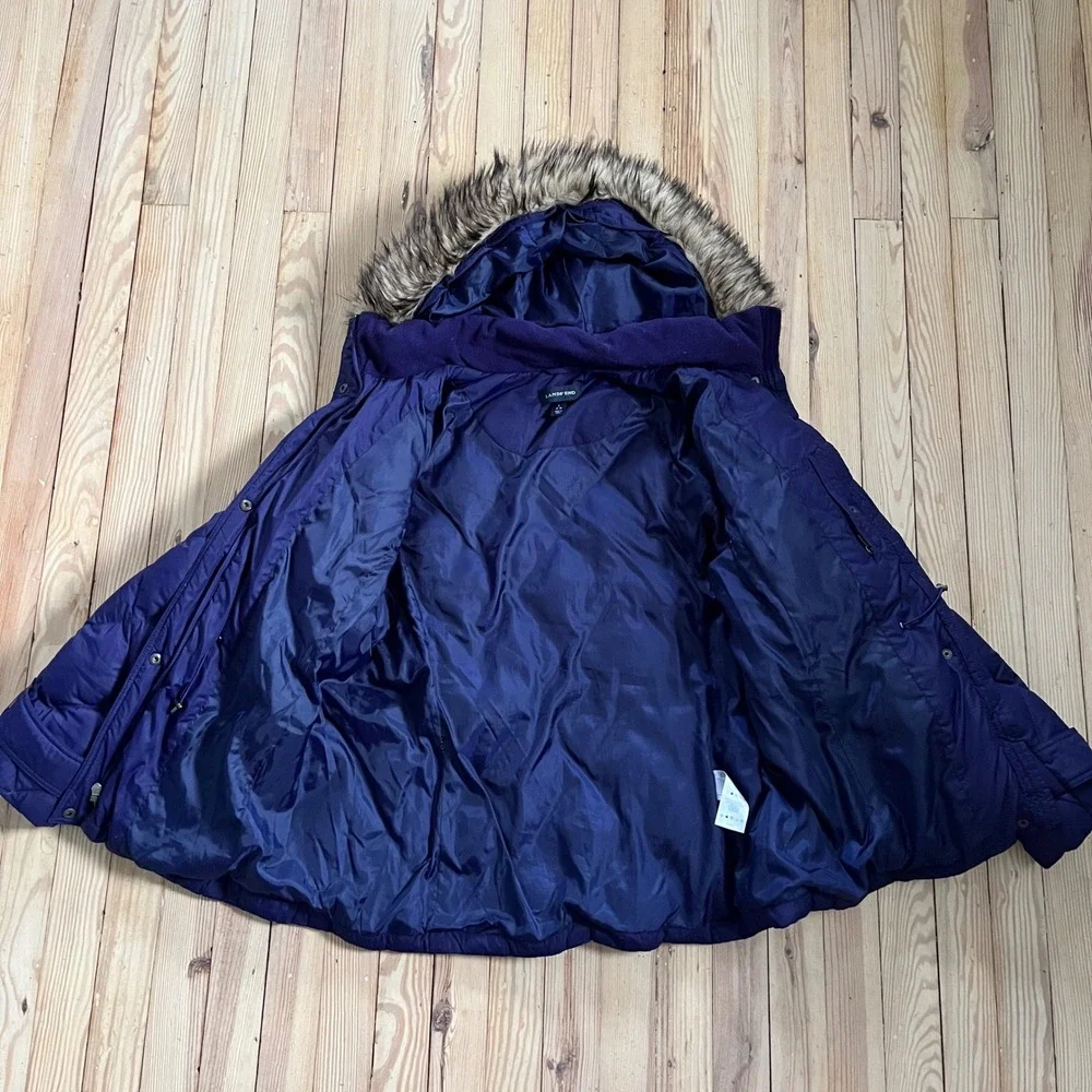 Lands End Women L Purple‎ Diamond Quilted Down Puffer Jacket Faux Fur Hood Lined